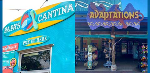 Two storefronts: "Papa's Cantina" in blue and "Adaptations" with purple signage.