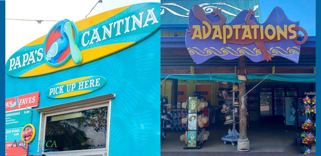 Two storefront signs: "Papa's Cantina" in blue and yellow, and "Adaptations" with bird figures.