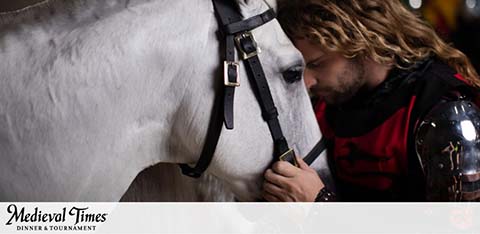 This image captures a tender moment between a performer dressed as a knight from Medieval Times Dinner & Tournament and a majestic white horse. The knight, adorned with a black and red tunic, partial armor, and sporting long curly hair, gently presses his forehead against the horse's head, demonstrating a bond of trust and companionship. The horse, with a glossy coat and wearing a black bridle, stands calmly during this peaceful exchange. In the background, the ambient lighting contributes to the intimate atmosphere of the scene. The logo for Medieval Times Dinner & Tournament is prominently displayed at the bottom of the image, suggesting that this moment is part of the themed entertainment provided by the venue.

Experience the thrill of a chivalrous adventure and create lasting memories at Medieval Times Dinner & Tournament. Make sure to check FunEx.com for exclusive discounts and the lowest prices on tickets to this immersive and exciting experience.