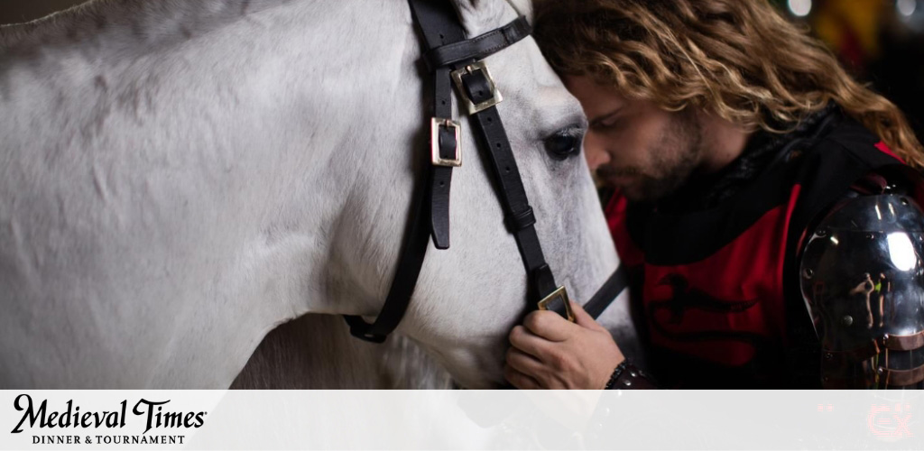 Image Description: This image captures a tender moment between a performer dressed as a medieval knight and a majestic white horse. The knight, sporting long curly hair, is adorned in a black and red tunic with a dragon emblem and is wearing a metallic shoulder armor piece. He is shown gently pressing his forehead against the horse's head, evoking a sense of camaraderie and trust. The horse, outfitted with a dark bridle, stands calmly, suggesting a strong bond with the knight. In the foreground, we see the sleek, well-groomed side of the horse, while in the background, the image is softly focused, emphasizing the intimate interaction. The logo "Medieval Times Dinner & Tournament" is visible in the lower left-hand corner, indicating the themed nature of this event.

At FunEx.com, you can immerse yourself in the chivalry and showmanship of bygone eras, all while enjoying tremendous savings—browse our selection to find the lowest prices on tickets for a royal adventure!