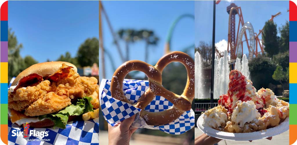 This image is a triptych advertising the variety of food options and attractions at Six Flags Magic Mountain. On the left, there's a crispy chicken sandwich with lettuce and tomato, served in a checkered paper tray. The center image shows a hand holding up a large, salted pretzel, also in a checkered paper, against a sunny park backdrop with trees. The rightmost image features an indulgent funnel cake topped with powdered sugar, strawberries, and whipped cream presented on a white plate, with a splashy water fountain feature and a high, looped roller coaster in the background under a clear blue sky.

At FunEx.com, we're dedicated to offering you the excitement of theme park adventures at the lowest prices—don't miss out on our exclusive discounts and savings on tickets!