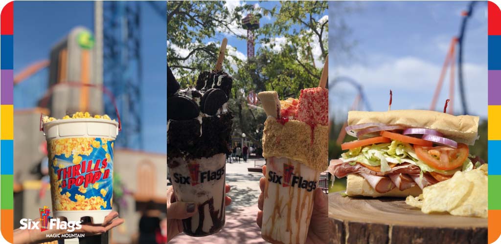 This image features a collage of three different food items, showcasing the tantalizing refreshment options available at a theme park. On the left, we see a colorful bucket of popcorn branded with "THRILLS & POP," suggesting a fun and exciting snack experience. The middle image boasts a large, decadent ice cream sundae overflowing with toppings, including whole cookies, and prominently displays the theme park's logo, indicating it as a signature treat. On the right, there is an appetizing sandwich with layers of meats, cheese, lettuce, tomato, and onion, served with a side of potato chips, presented on a rustic wooden surface, inviting guests to enjoy a more substantial meal. Each item is held against a backdrop of blurry amusement park rides and trees under a clear blue sky, conveying the lively atmosphere of the park.

Experience the joy of amusement park delights and make the most of your adventure with the lowest prices on tickets, ensuring both significant savings and unforgettable fun at GreatWorkPerks.com.