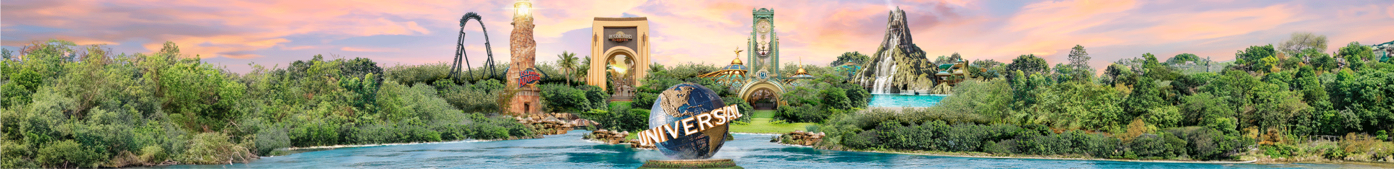 Wide-angle view of Universal Orlando Resort at sunset, featuring the Universal globe, Universal Studios Florida, Islands of Adventure, Volcano Bay, and the upcoming Epic Universe.
