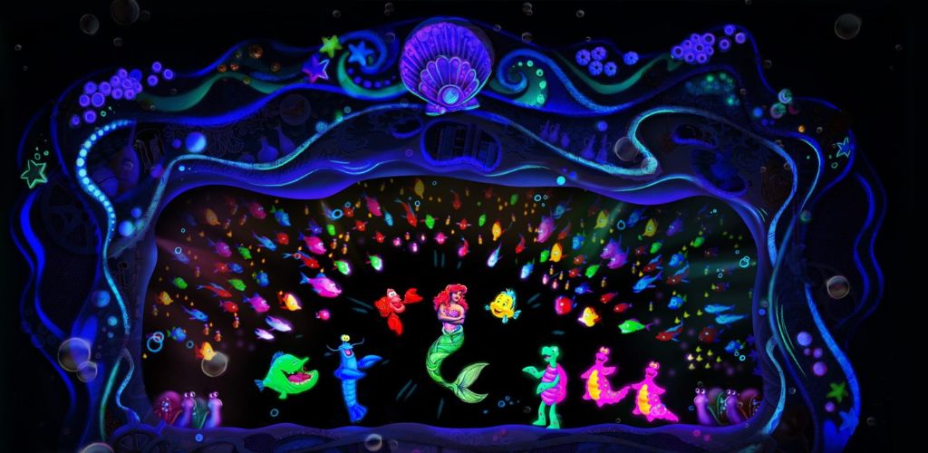 Colorful underwater scene featuring a mermaid surrounded by various vibrant sea creatures, including fish and crabs. The mermaid is at the center, amidst an array of multicolored fish. The scene is framed by ornate patterns, seashells, and coral elements, all in a dark aquatic setting with glowing neon hues, creating a lively and magical ocean atmosphere.