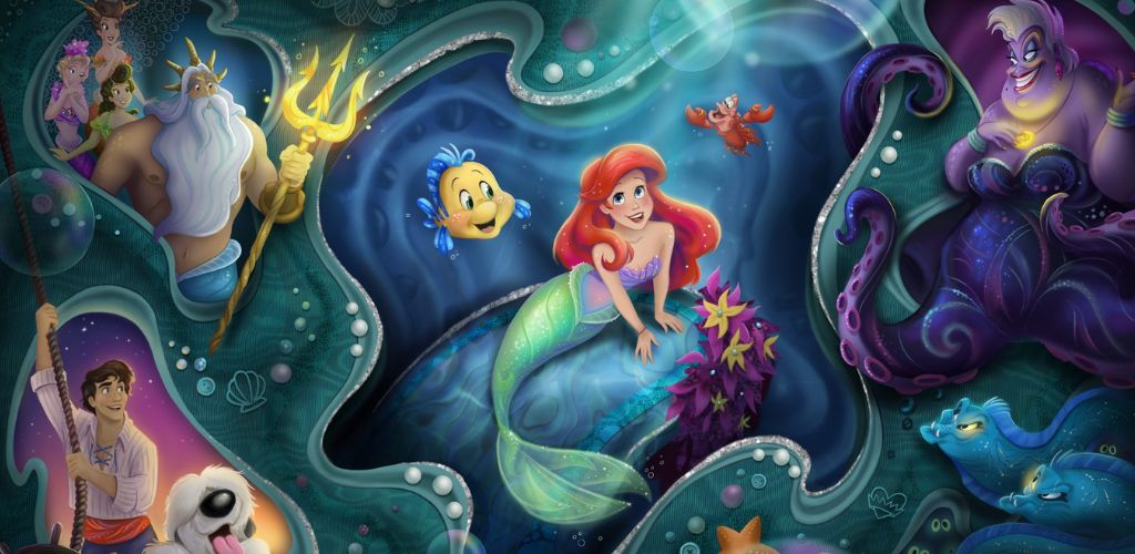 Colorful illustration depicting a red-haired mermaid surrounded by her ocean friends. On the left, a majestic king holding a trident and a young man with a dog look on. On the right, a sea witch with purple tentacles appears. Vibrant marine life and swirling waters create a lively underwater scene. The atmosphere is magical and adventurous, showcasing a blend of fantasy and oceanic elements.
