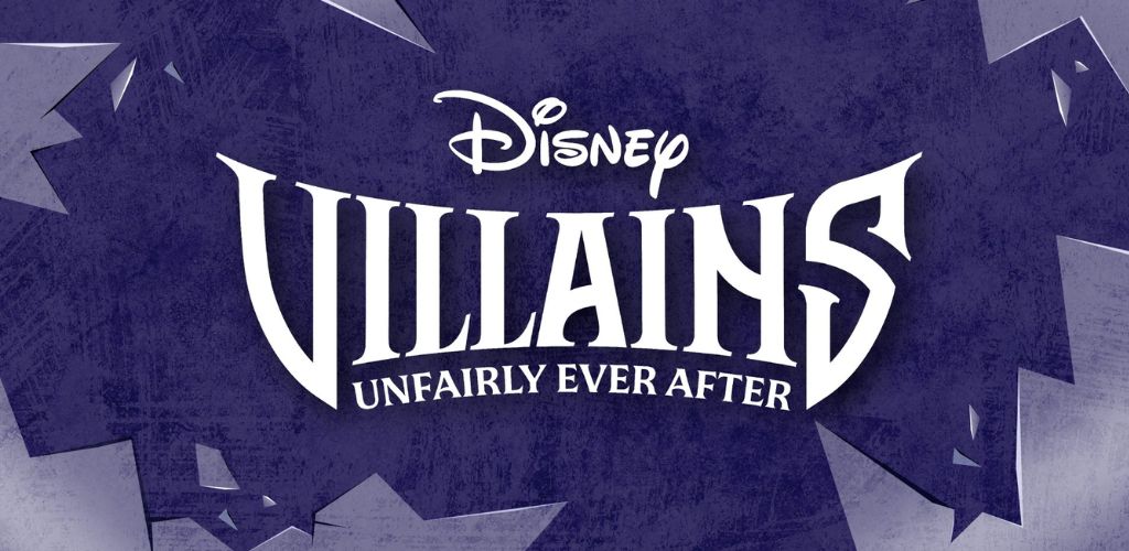 The image features the Disney Villains Unfairly Ever After logo centered on a dark blue textured background. The text is bold and stylized, surrounded by jagged, star-like shapes along the edges, enhancing the ominous theme.