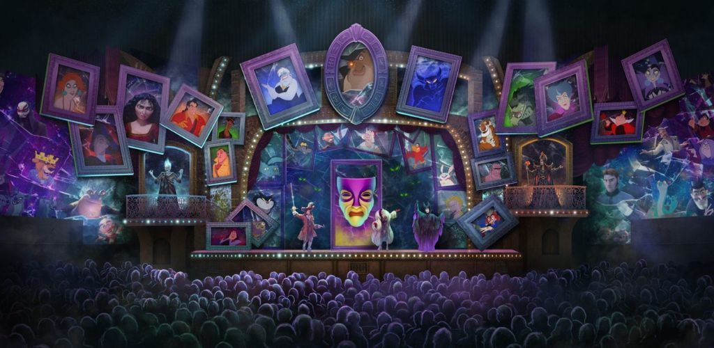 A vibrant stage show features various animated characters in colorful costumes set amidst ornate picture frames. The audience below gazes at a dynamic scene under bright spotlights. Different characters appear in exaggerated, theatrical poses, hinting at a lively performance filled with drama and excitement. The atmosphere is enchanting and immersive, evoking a sense of wonder and fantasy as the audience enjoys the spectacle.