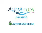 Logo of "Aquatica Orlando" with a wave design, labeled as an "Authorized Seller" with a padlock icon.