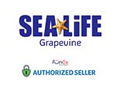 The image features the logo of SEA LIFE Grapevine with a blue and white color scheme and a gold starfish accent above the letter 'A'. Below is the FunEx logo in red and green, indicating they are an authorized seller. The green, round Authorized Seller badge is also present at the bottom.