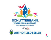 Logo for Schlitterbahn Waterpark & Resort in New Braunfels, Texas featuring a stylized castle and water elements in a colorful design. Below it, the words Authoried Seller with a lock symbol to the left.