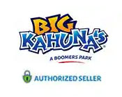 The image features the colorful logo of Big Kahuna's, a Boomers Park. The logo has a playful and dynamic font in shades of blue, yellow, and orange. Below the main title is the phrase 'A Boomers Park' in red script. At the bottom, there is a green seal indicating 'Authorized Seller'.