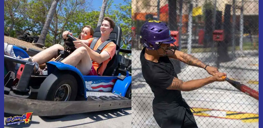 Two images: left shows two people in a go-kart; right shows a person in a batting cage.