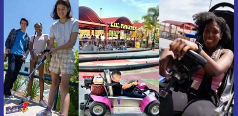 This image is a collage of three photos from what appears to be a family fun center. The left photo shows four individuals standing with golf clubs on a miniature golf course, smiling at the camera, with a bright blue sky overhead and green foliage in the background. The center photo displays a view of a go-kart track named "LIL THUNDER", with a young child in a pink and white go-kart, focused on the driving experience, and a red-roofed building in the background. The rightmost photo captures an exuberant person with a big smile, enthusiastically driving a go-kart, her hands firmly on the wheel. Her hair is blown back by the speed indicating motion and enjoyment. Remember, when planning your next day of family fun, visit GreatWorkPerks.com to find exclusive discounts, savings, and the lowest prices on tickets.