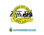 Seal with a train, "Caterpillar" text, and "Authorized Seller" below. Vintage style.