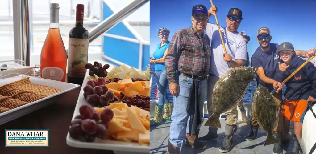 This image is divided into two parts, showcasing different aspects of an enjoyable experience. On the left side, there is a well-arranged platter with a variety of cheeses, grapes, and crackers. Beside this platter, there are two bottles of wine, one pink rose and one red, positioned in front of a window with a clear blue sky in the background. The right side of the image displays four individuals on what appears to be a fishing boat, celebrating a successful catch. They are holding up two large, spotted fish with fishing gaffs, and all are smiling at the camera. The individuals are dressed casually in outdoor, marine-appropriate clothing, suggesting a leisurely day of fishing. The dominant color of the surroundings is blue, emphasizing the oceanic setting. A watermark in the lower part of the left image reads "DANA WHARF SPORTFISHING & WHALE WATCHING" indicating the activity and location.

As you browse GreatWorkPerks.com for your next adventure, don't forget to check out our latest discounts, ensuring you enjoy the lowest prices on tickets for experiences like cheese tastings and sportfishing excursions!