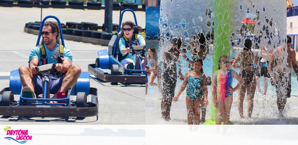 Two images: left shows go-kart racing, right depicts children playing in a water fountain.