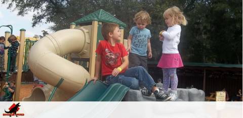 Three children are at a playground. One sits at the top of a slide, while the other two stand nearby on a platform, conversing. They are surrounded by playground equipment and shaded by trees. The sky is partly cloudy.