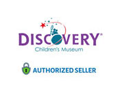 Logo of Discovery Children's Museum featuring stylized child-like figures and stars in a circle, with the word 'Discovery' in bold purple letters. Beneath it is the text 'Children's Museum' and a green padlock symbol with 'AUTHORIZED SELLER' beside it.