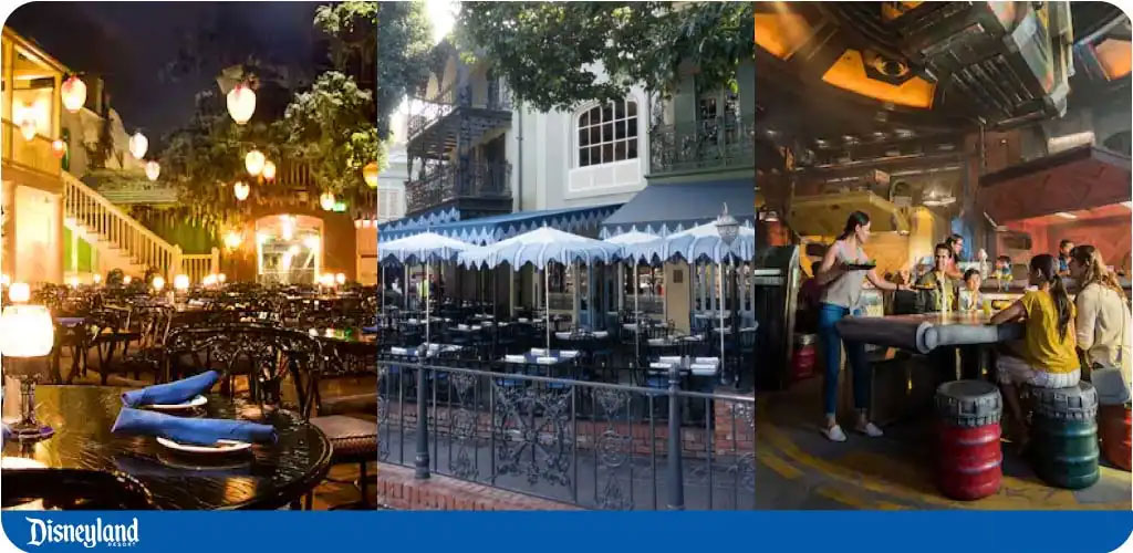 Three-paneled image featuring Disneyland dining areas: twilight patio, daytime café, and indoor bar seating.