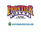 The image features the Frontier City logo, which is stylized text in bold purple and yellow, indicating it's a Six Flags theme park. Below the main logo, there is a green badge with the text 'Authorized Seller'.