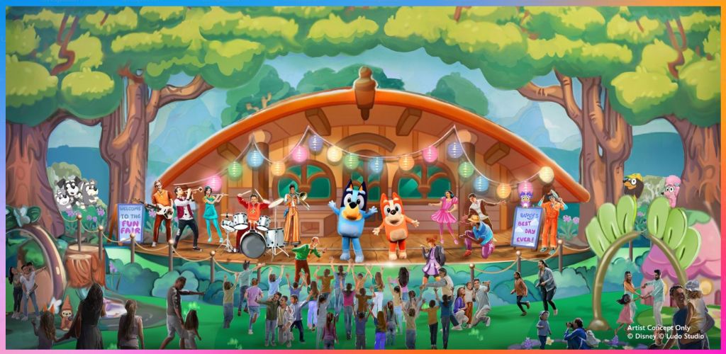 A lively outdoor concert scene with children and adults watching cartoon characters perform on a stage surrounded by trees and colorful decorations
