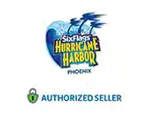 The image features the logo of Six Flags Hurricane Harbor Phoenix, showcasing a stylized blue wave design above the text, with palm tree elements. Below is a green seal indicating 'Authorized Seller'. The background is white and the text is in a playful, dynamic font.