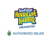 The image features the logo for Six Flags Hurricane Harbor in Arlington, which includes the park's name in stylized colorful text. Below the main logo, a badge indicates that the associated entity is an authorized seller. The logo is set against a white background.