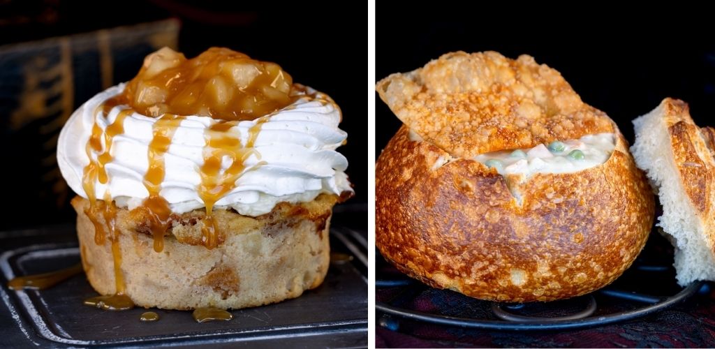 Two baked goods: one topped with whipped cream caramel sauce and fruit, the other a bread bowl filled with creamy soup, served on black trays.