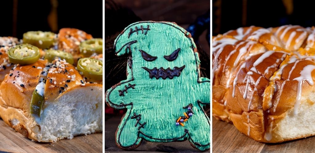 A collage of three images: a sliced jalapeño popper pastry with cheese and toppings, a spooky ghost-shaped cookie with green icing and black decorations, and a cinnamon roll with icing and caramel drizzle.