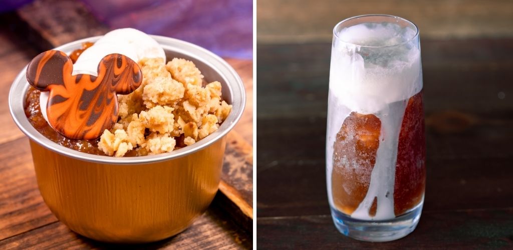 Two images side by side: the left shows a bowl of apple crumble topped with a chocolate swirl cookie and whipped cream, and the right shows a glass of iced cola with ice cubes and foam.