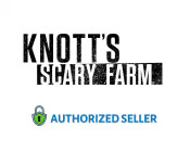 Logo for Knott's Scary Farm with distressed black lettering on a white background. Below, a green badge reads Authorized Seller. There's a playful touch with the apostrophe in Knott's portrayed as a hanging spider.