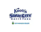 This image displays the logo for Knott's Soak City Waterpark. It features stylized text that reads "Knott's Soak City," with "Knott's" in a bold, script typeface in dark blue, and "Soak City" in a larger, playful block lettering in light blue with a wave design underlining the text. Below the main logo, "WATERPARK" is written in capital letters. Additionally, there is a green emblem with the words "AUTHORIZED SELLER" positioned beneath the main text. The entire logo is set against a clear, white background. Visit GreatWorkPerks.com to enjoy savings on tickets to exciting destinations like this – we consistently offer the lowest prices available.