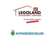 Image featuring Legoland Discovery Center's logo, with a house outline and Lego brick design. Below, a badge indicates the status of an Authorized Seller. The text and logos are in red and black set against a white background.