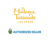 Logo of Madame Tussauds Las Vegas in golden and blue hues above the text 'AUTHORIZED SELLER' with a green padlock icon to the left, indicating a certified reseller of tickets or products for Madame Tussauds.