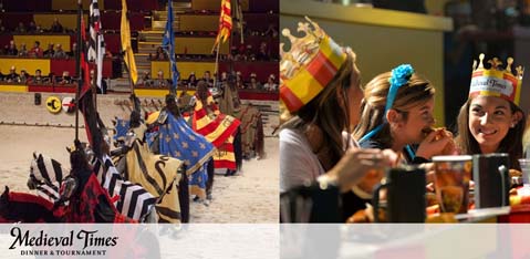Split image featuring Medieval Times event. On the left, knights in colorful armor with crested shields ride horses in an arena. On the right, spectators wearing paper crowns enjoy a feast. The Medieval Times logo is featured at the bottom.