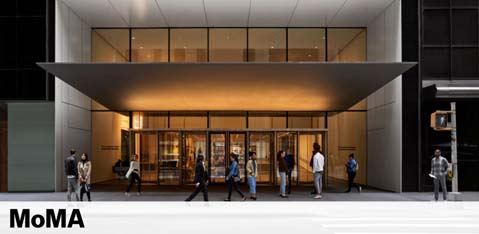 Exterior view of the Museum of Modern Art (MoMA) entrance with an overhanging canopy. People are seen walking by and entering the well-lit foyer. The museum's name is placed at the bottom center.