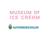 Logo of the Museum of Ice Cream in pink and blue text above an emblem indicating status as an Authorized Seller. The emblem features a lock symbol with a checkmark.