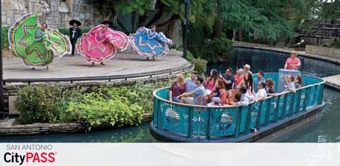 A vibrant photo featuring a boat with tourists floating on a river. Beside them, performers in traditional Mexican attire, including sombreros and colorful dresses, are dancing. Lush greenery surrounds the scene. Text overlay mentions 'San Antonio CityPASS'.