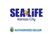 Logo for SEA LIFE Kansas City featuring stylized blue text with a gold starfish replacing the letter A in SEA. Below is a green lock icon with text indicating they are an Authorized Seller.