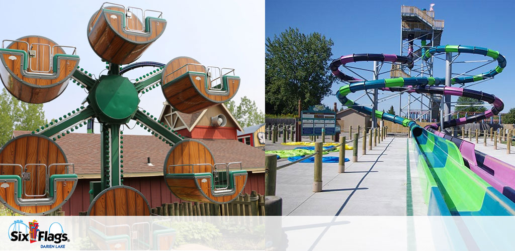 Image featuring two amusement park rides. On the left, a barrel-themed Ferris wheel with six gondolas is stationary. On the right, a large water slide with multiple colorful tubes intertwines before descending to the ground level. The Six Flags logo is seen in the lower left corner, indicating the location as Darien Lake. Clear skies and minimal crowds suggest a calm day at the park.