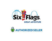 Logo of Six Flags Great Adventure, featuring stylized text and a graphical representation of a roller coaster. Above is a lock symbol with the words AUTHORIZED SELLER to signify a partnership or reseller status. Colors include blue, red, and yellow.