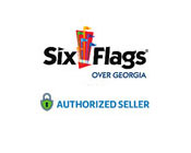 Logo of Six Flags Over Georgia featuring a bold, stylized number six with a multicolored flag design above the text 'Six Flags Over Georgia'. Below is a badge indicating 'Authorized Seller' with a checkmark symbol.