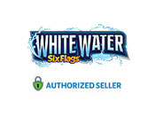 Logo for White Water, a Six Flags water park, with a stylized blue and white design that resembles splashing water. Below, a green tag with a checkmark reads Authorized Seller. The logo emphasizes fun and excitement associated with water attractions.