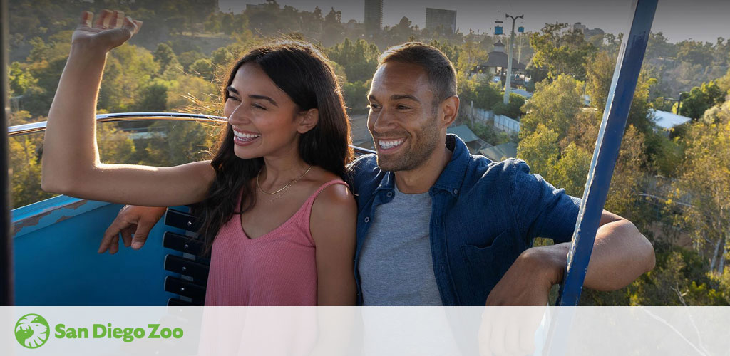 A smiling man and woman enjoy a sunny day on the San Diego Zoo Skyfari aerial tram. The tram offers a panoramic view of lush greenery and distant cityscapes. The zoo's logo is visible in the corner, suggesting an engaging visit.