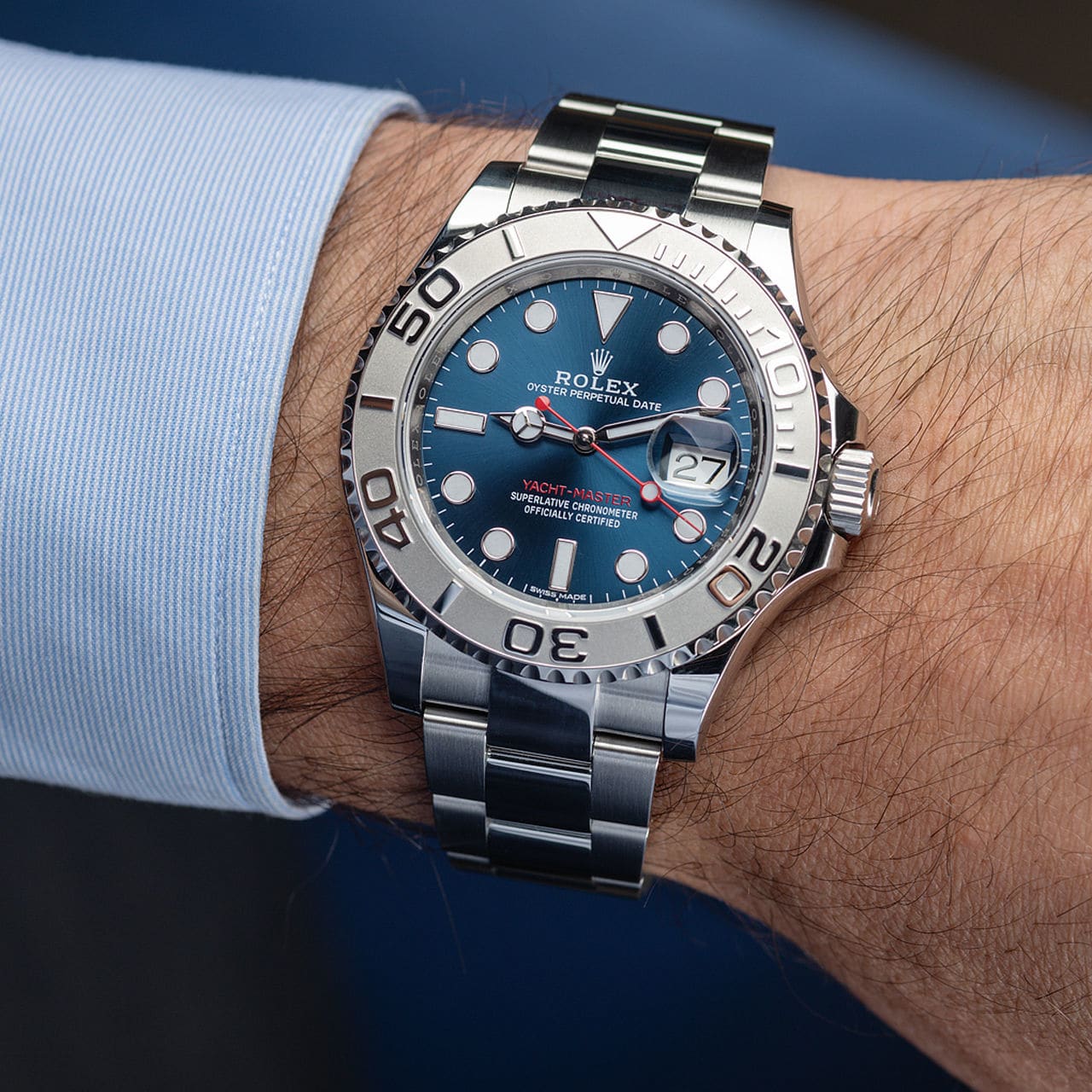 Rolex Yacht Master in steel with blue dial on wrist