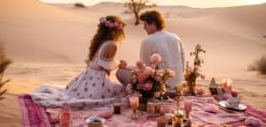 "Desert sunsets & your hand in mine," "Lost in the dunes, found with you," "Sands of time, forever ours," or "Our love, endless as the horizon,"