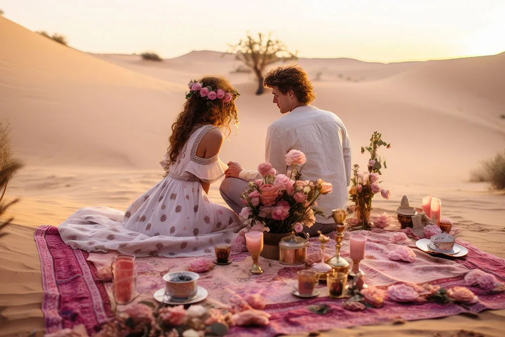 "Desert sunsets & your hand in mine," "Lost in the dunes, found with you," "Sands of time, forever ours," or "Our love, endless as the horizon,"