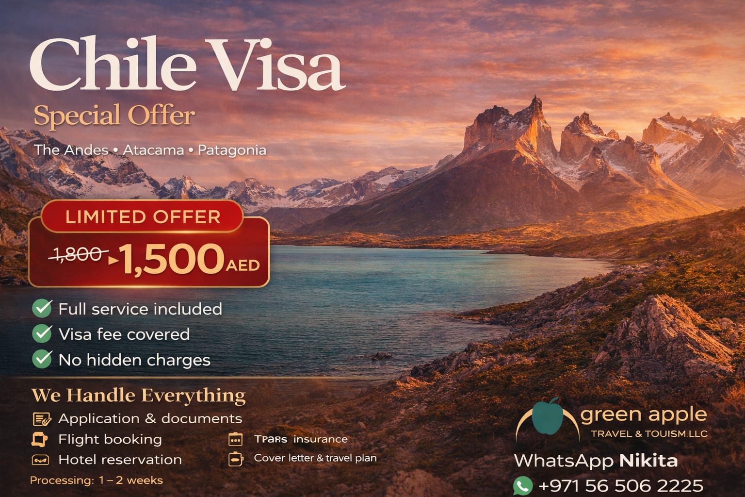 Chile Visa Special: 1,800 AED → 1,500 AED