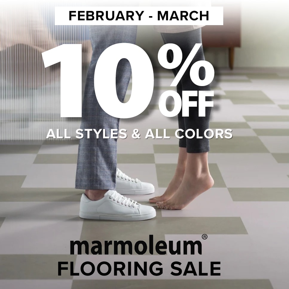 Promotional image Marmoleum Natural Linoleum Flooring Sale 10 percent off all styles and colors, a man and a woman's feet on a marmoleum tile floor