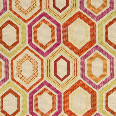 A9766 Fiesta Fabric: C72, ORANGE HONEYCOMB, PINK HONEYCOMB, ORANGE GEOMETRIC, PINK GEOMETRIC, GOLD GEOMETRIC, NEUTRAL GEOMETRIC BACKGROUND, ORANGE MEDALLION, PINK MEDALLION,WOVEN